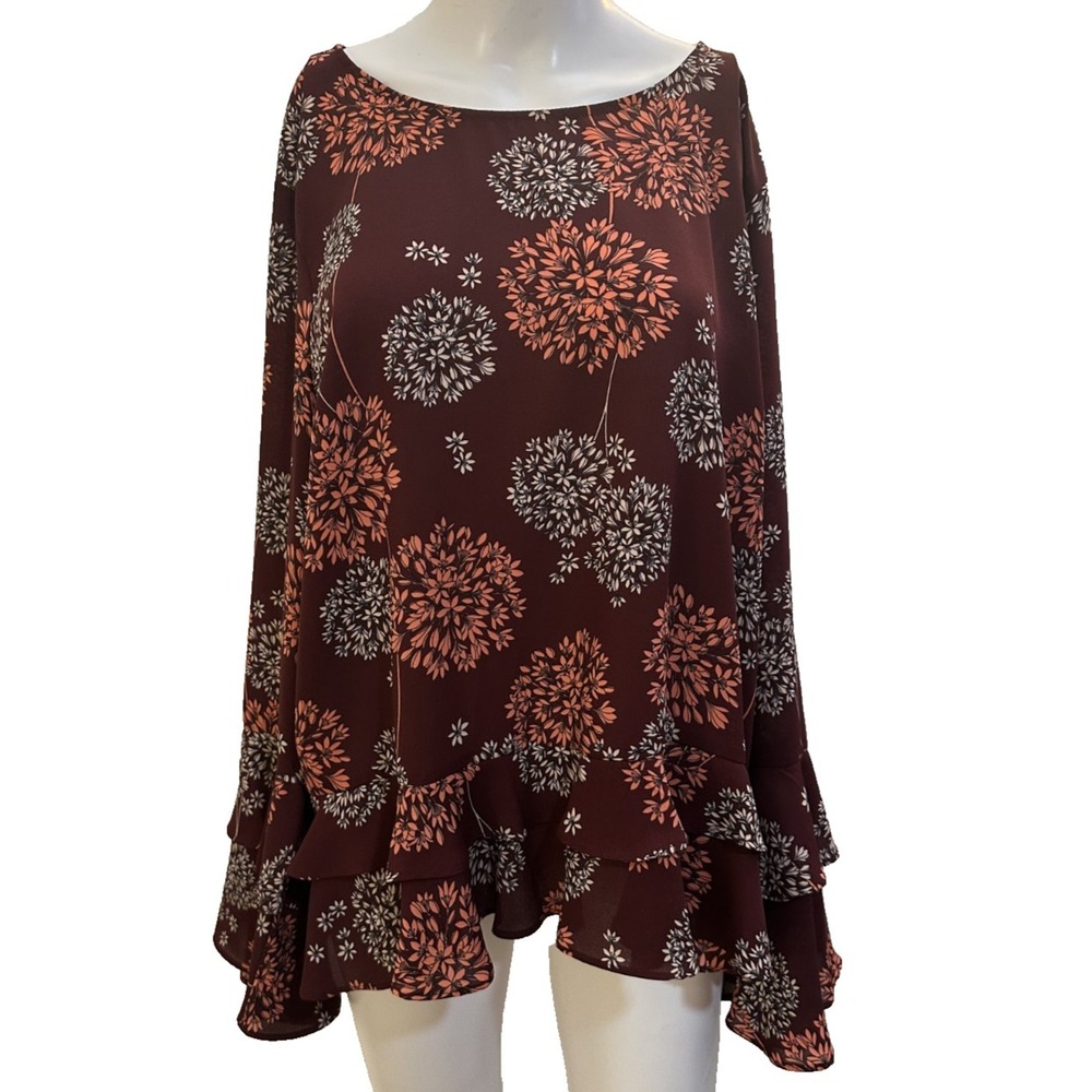 Ana Womans Floral Flared Sleeve Top Size XL Boho Peasant Prairie Flowy Ruffle